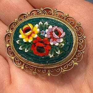 Vintage Italian Micro Mosaic Floral Filigree Oval Brooch
